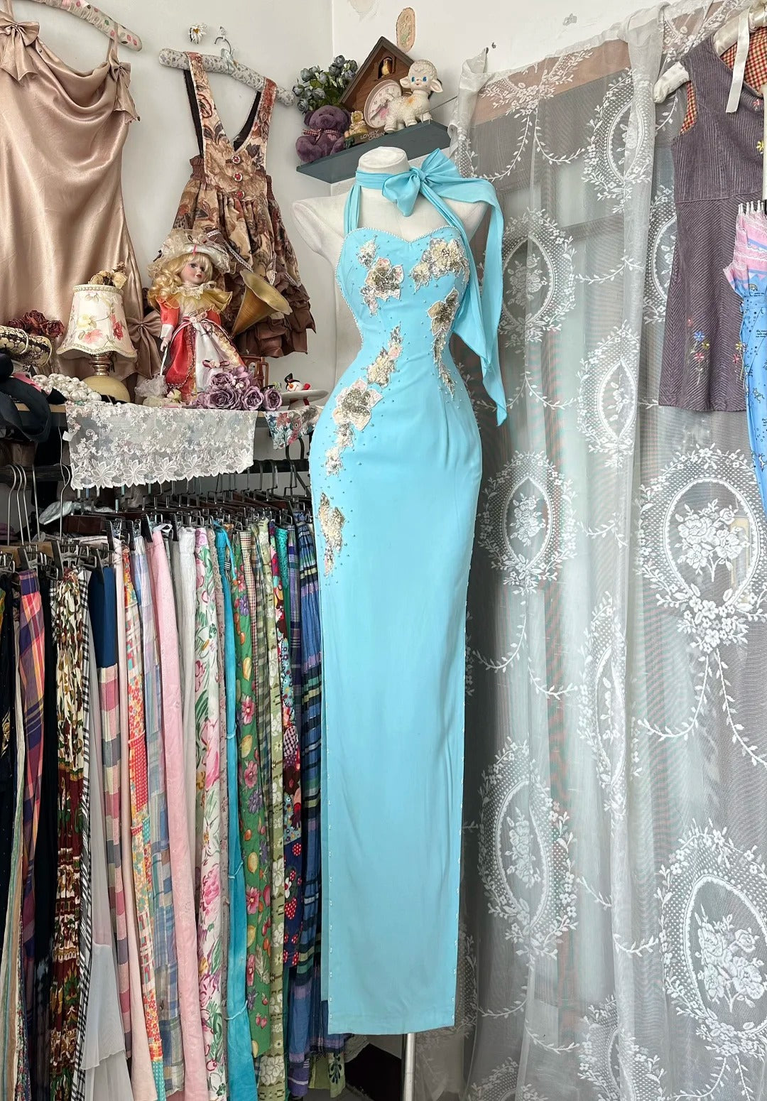 Classy Prom Dresses Sheath Halter Tiffany Blue Chiffon With Appliqued Long Formal Evening Outfits N3765