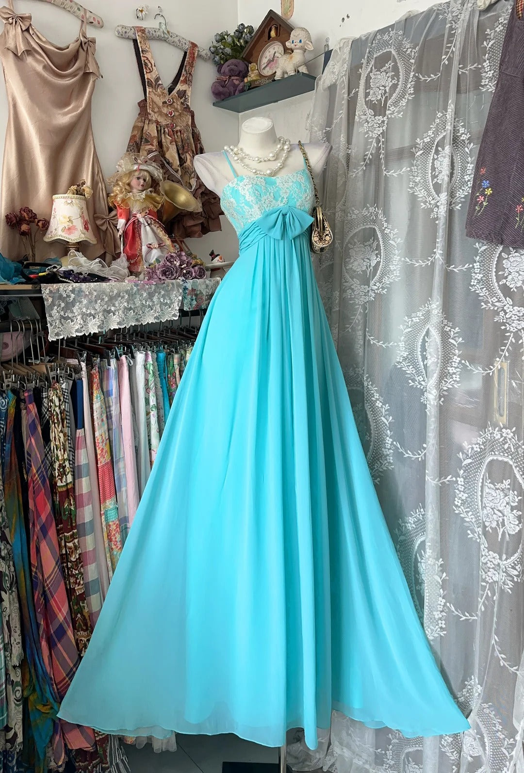 Vintage 80s Prom Dresses A line Spaghetti Straps Blue Chiffon Long 1950s Retro Classy Party Formal Outfits RB8997