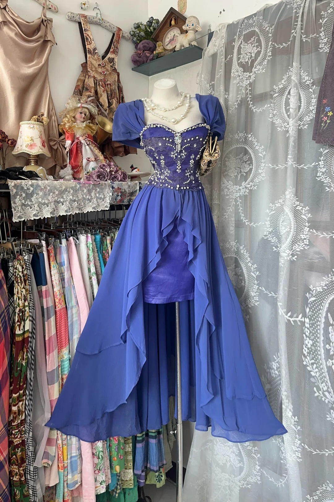 Vintage Sheath High Low Sweetheart Blue Chiffon Date Night Evening Outfit Formal Prom Dresses RB5292