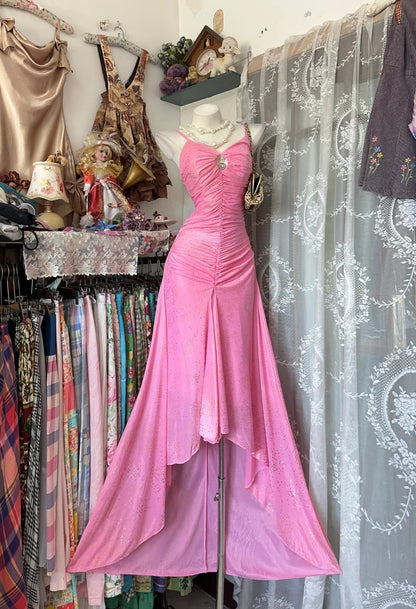Stylish Mermaid Spaghetti Strap High Low Pink Floor Length Prom Dresses Inspo Evening Outfits RB4485