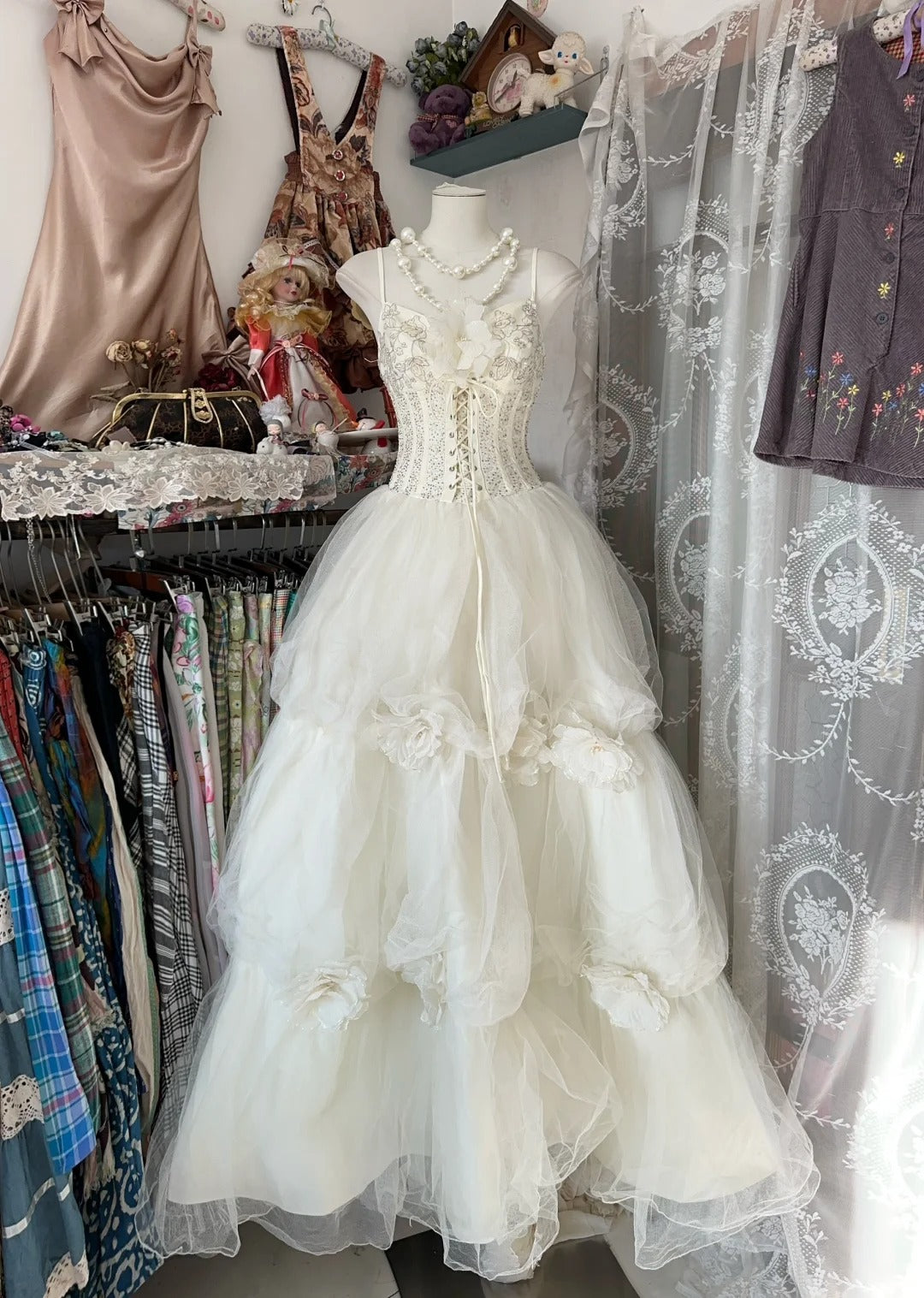 Vintage Prom Dresses Aesthetic Ball Gown White Tulle Inspo Formal Party Dress N1990