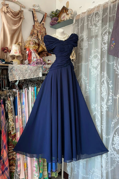 Stylish Mermaid Off The Shoulder Navy Blue Chiffon Floor Length Prom Dresses Inspo Evening Outfits RB4486