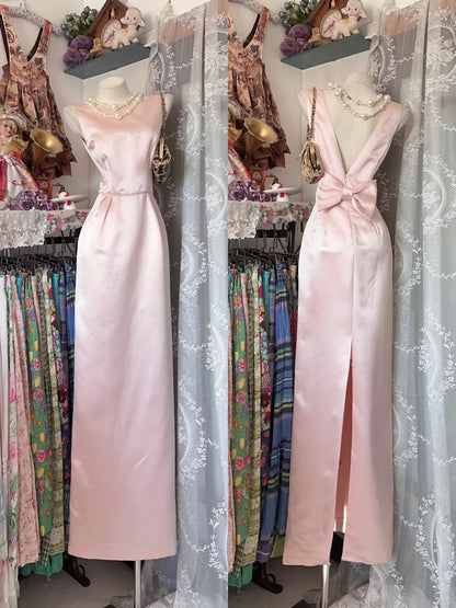 Classy Sheath Scoop Pink Satin Sleeveless Senior Prom dresses High School Long Formal Dress N1283