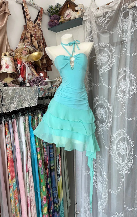 Vintage Sheath Halter Blue Chiffon Hoco Gowns Short Birthday Dress Homecoming Dresses N1342