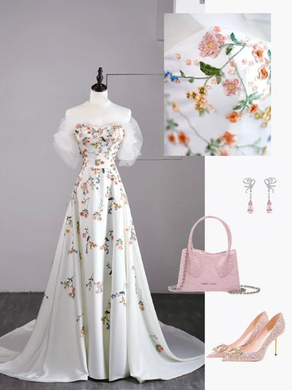 Modest A line Sweetheart Floral White College Formal Outfit With Long Sleeves Prom Graduation Dresses For Teens N1172