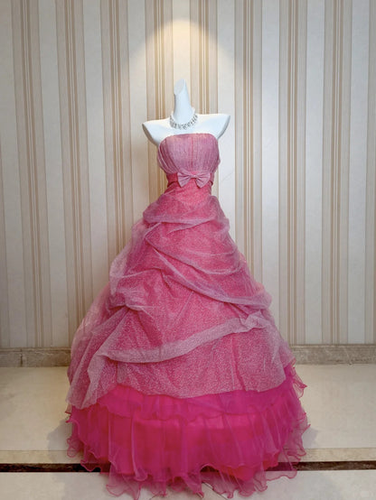 Sweet Ball Gown Strapless Tulle Pink Tiered Sweet 16 Dresses Quinceanera Dress Long 15 Vestidos De Fiesta N4211