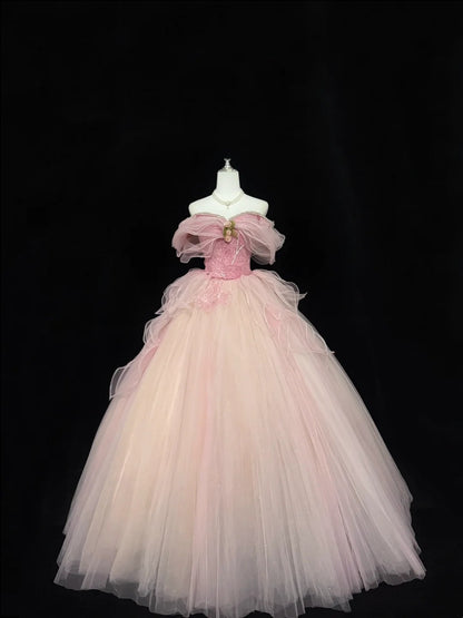 Sweet 15 Quinceanera Dress Ball Gown Off Shoulder Blush Pink With Sleeves Long 15th Birthday Gown RC0323