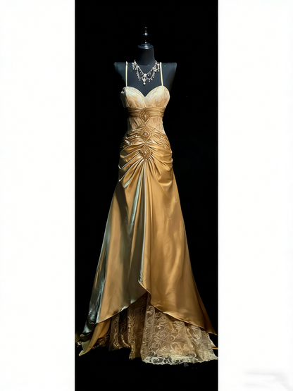 Modest A line Halter Gold Satin College Formal Outfit Long Prom Graduation Dresses For Teens N1182