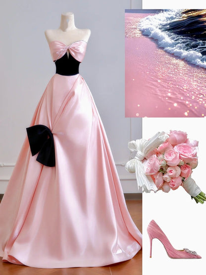 Timeless Ball Gown Sweetheart Pink Satin Long Prom Dresses Inspiration Party Gowns N400