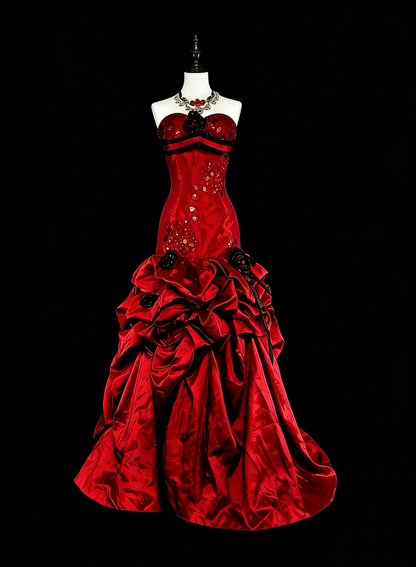 Vintage Prom Dresses Mermaid Strapless Folds Burgundy Satin With Appliques Long Party Dress N2373