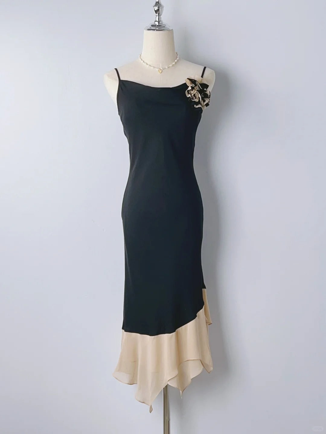 Vintage Mermaid Spaghetti Strap Black With Ruffles Chiffon Tea Length Prom Dresses Formal Outfits RB3907