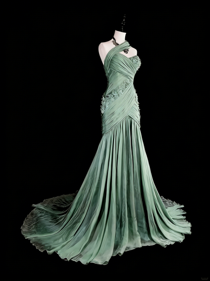 Vintage Prom Dresses Aesthetic Mermaid One Shoulder Sage Green Chiffon With Appliques Long Formal Dress N2161