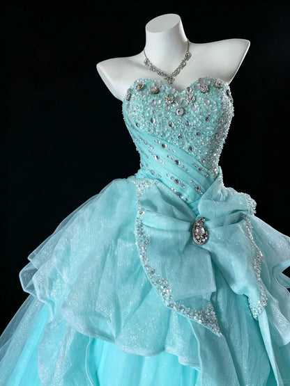 Sweet Ball Gown Sweetheart Blue Tulle With Beaded Quince Dress Long Sweet 15 16 Quinceanera Dresses Vestido de princesa RB4473