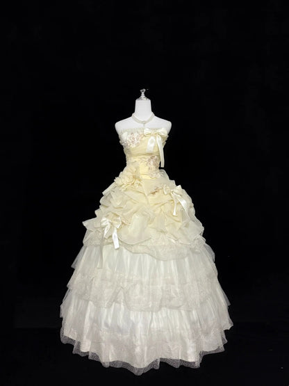 Sweet 16 Dresses Long Ball Gown Strapless Yellow With Lace Sweet Sixteen Birthday Gown RC0303