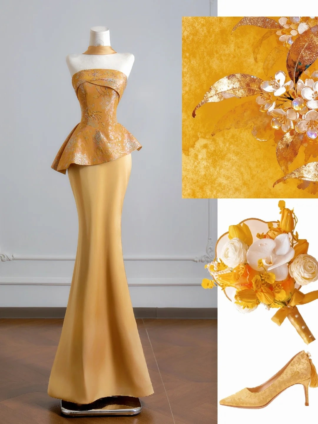 Romantic Mermaid Strapless Gold With Scarf Long Prom Dresses Impress 18th Birthday Outfits Party Gown N398