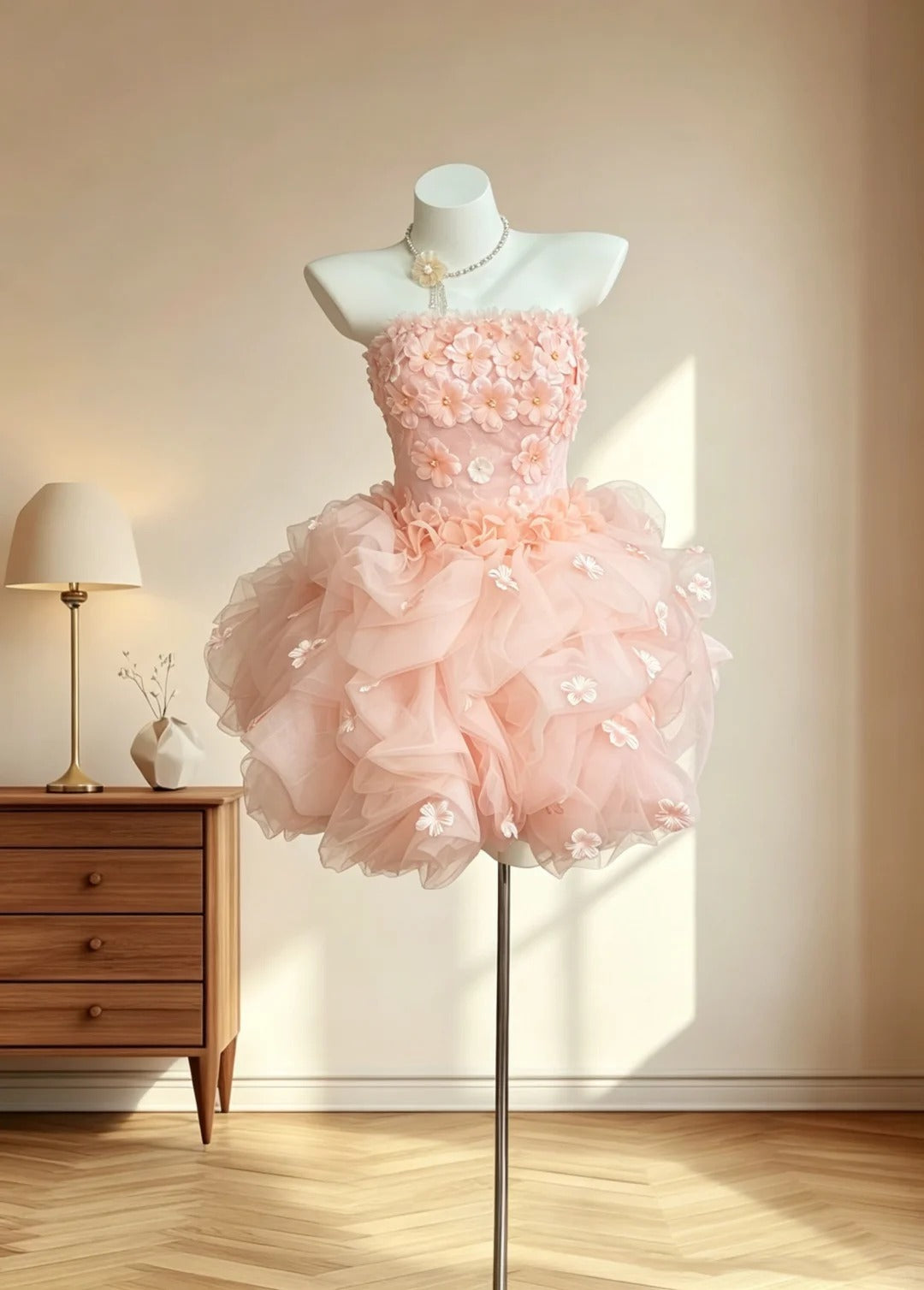 Fairy Ball Gown Strapless With 3D Flowers Graduation Gown Blush Pink Mini Senior Inspo Short Homecoming Dresses RB3098