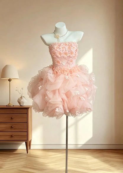 Fairy Ball Gown Strapless With 3D Flowers Graduation Gown Blush Pink Mini Senior Inspo Short Homecoming Dresses RB3098