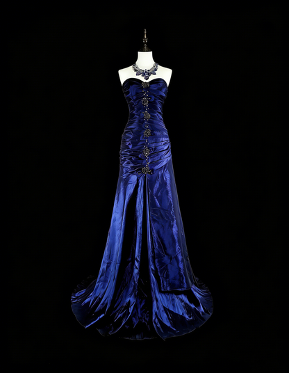 Vintage Mermaid Sweetheart Royal Blue Satin 80s Evening Gowns Formal Birthday Dress Long Prom Dresses N1756