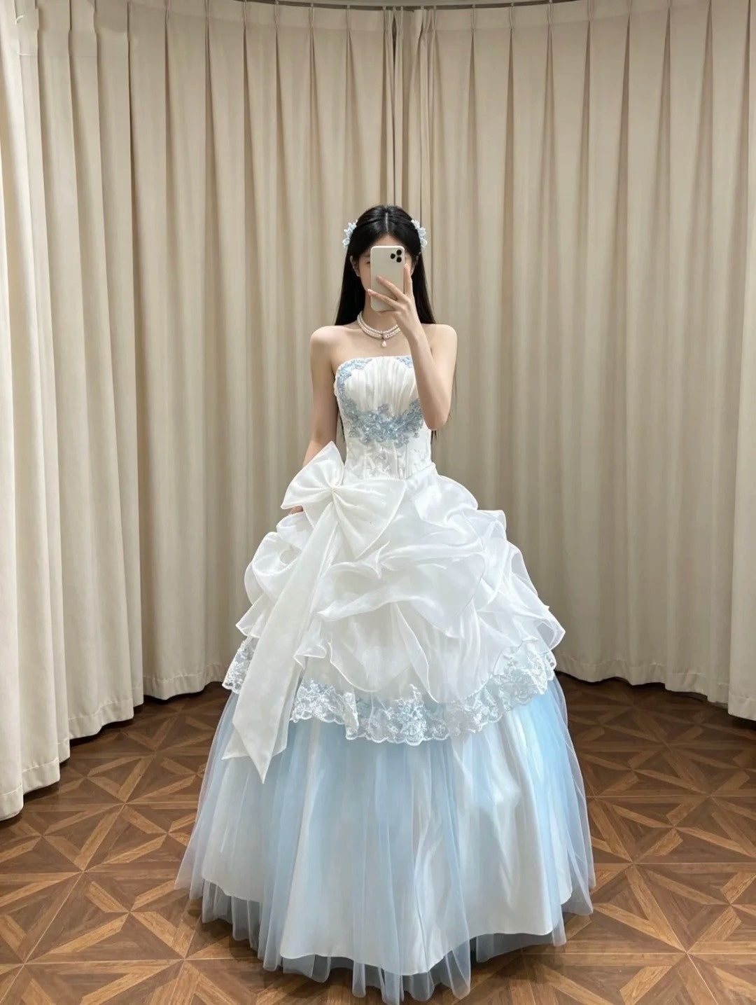 Sweet 16 Dresses Long Ball Gown Sweet Sixteen Long Birthday Dress Strapless Blue Organza Formal Gown RC0364