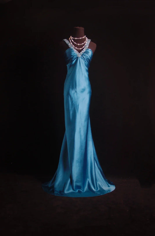 Retro Mermaid Halter Teal Blue Satin 2000s Long Prom Dresses Inspo 18th Birthday Outfits Formal Dress N498