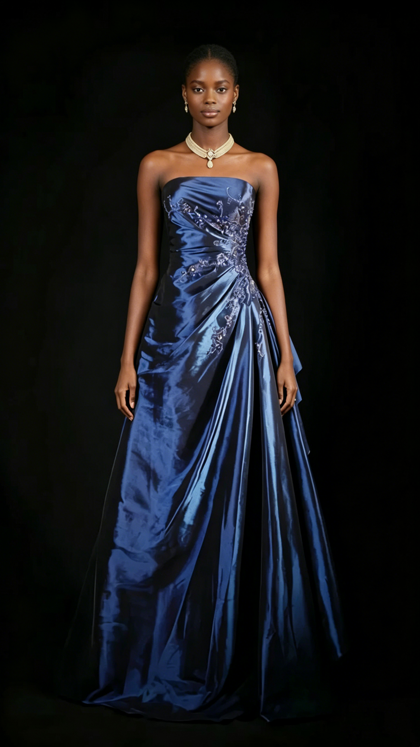 Cute Ball Gown Strapless Navy Blue Satin With Ruffles Long Evening Gowns Prom Dresses N3043