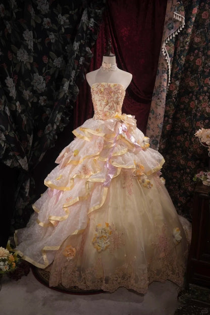 Sweet Ball Gown Strapless Yellow With Appliqued Quince Dress Long Sweet 15 16 Quinceanera Dresses Vestido de princesa RB4477