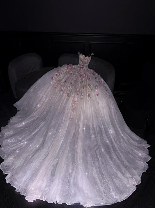Princess Ball Gown Strapless Pink Floral Tulle Long Formal Evening Dress Formal 18th Birthday Gowns Prom Dresses N736