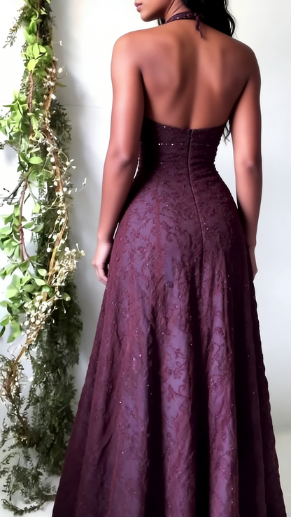 Vintage Mermaid Purple Lace Halter Prom Dresses Long Evening Party Dress Prom Gowns AB326