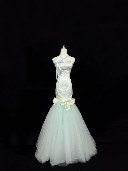 Prom Dress Long Floor Length Mermaid Sweetheart Tulle Sage Green With Flowers Formal Evening Gown For Women RC0307
