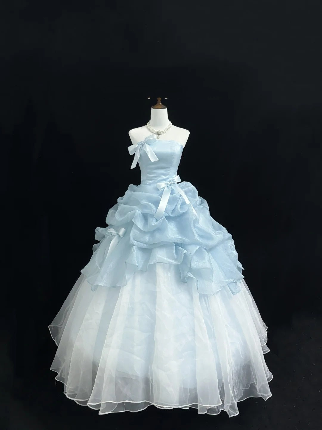 Light Blue Prom Dress Long Floor Length Ball Gown Strapless With Bow-knot Formal Evening Gown For Women RC0226