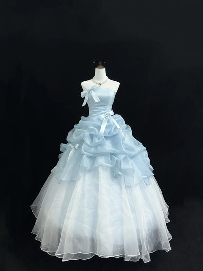 Light Blue Prom Dress Long Floor Length Ball Gown Strapless With Bow-knot Formal Evening Gown For Women RC0226