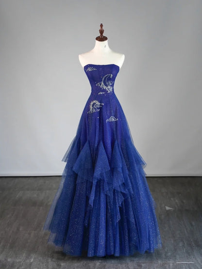 Modest A Line Strapless Tulle Royal Blue Prom Dresses Long for Women Formal Evening Gown AB171