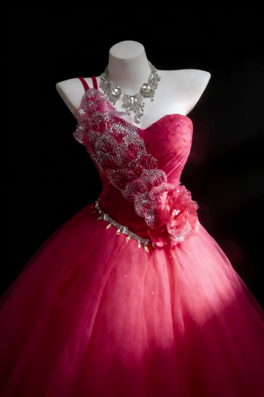 Pretty Prom Dresses Ball Gown One Shoulder Hot Pink Tulle With Beads Long Formal Dress N2955
