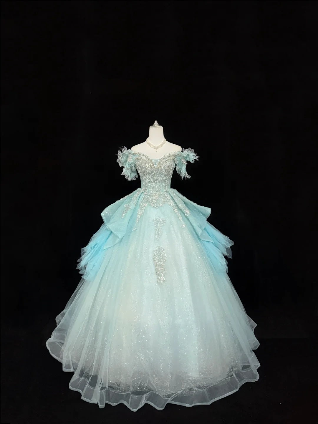Sweet 15 Quinceanera Dress Ball Gown Off Shoulder Blue With Lace Appliques Tulle 15th Birthday Gown RC0261