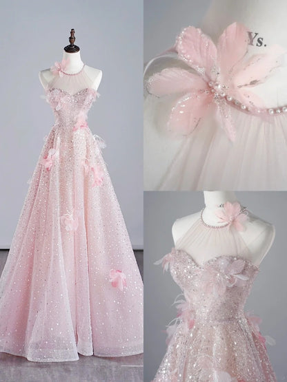 Modest A line Scoop Neck Pink Sequins Prom Dresses Inspiration Party Gowns Princess Formal Dress N758