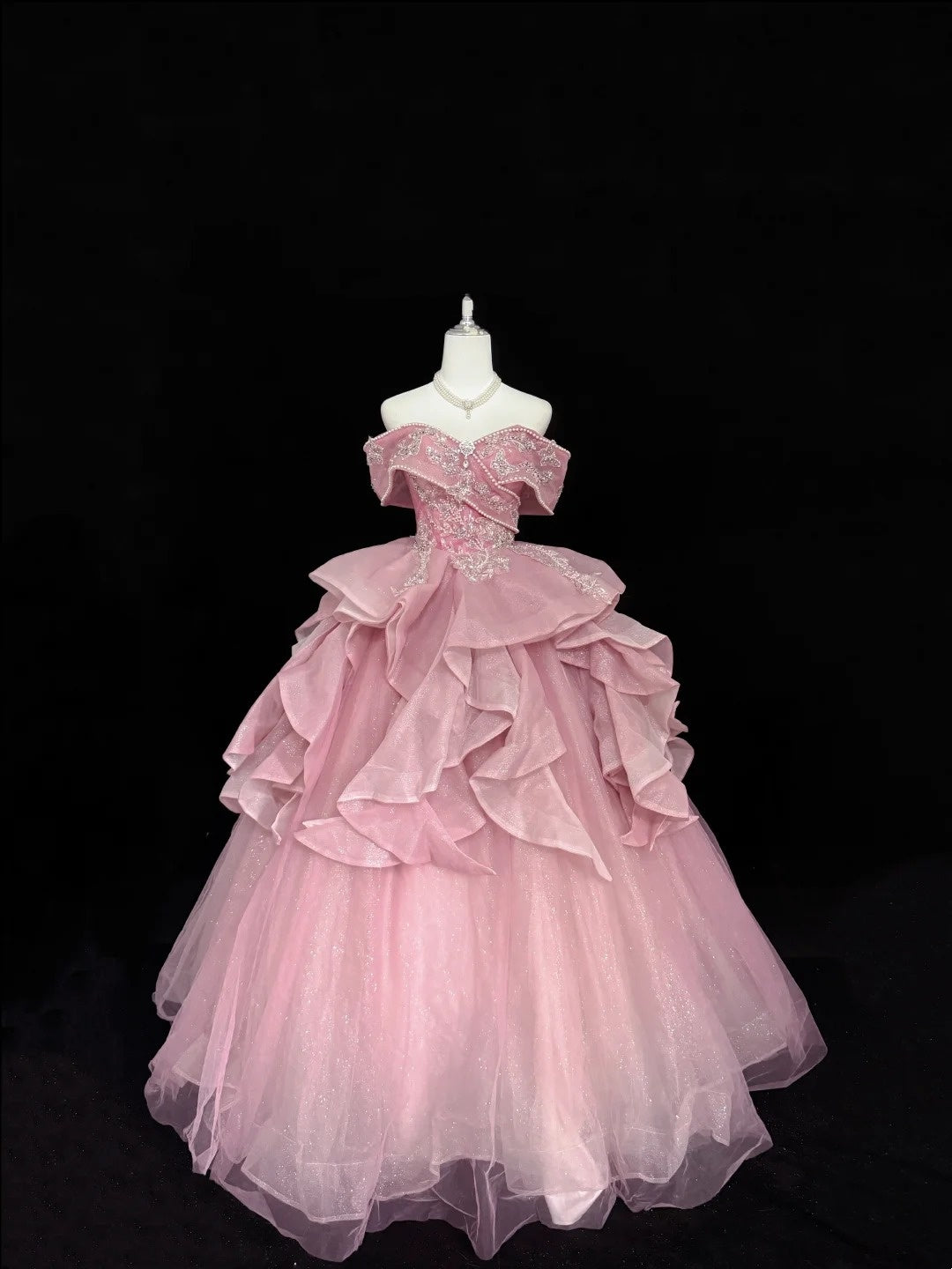Tulle Prom Dress Long Floor Length Ball Gown Off Shoulder Pink With Sleeves Lace Formal Evening Gown For Women RC0267