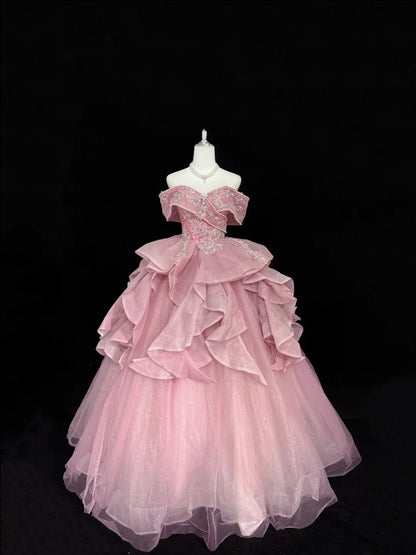 Tulle Prom Dress Long Floor Length Ball Gown Off Shoulder Pink With Sleeves Lace Formal Evening Gown For Women RC0267