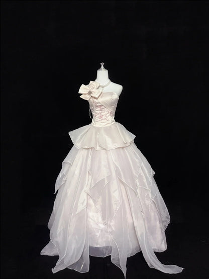 Sweet 15 Quinceanera Dress Ball Gown Strapless Light Pearl Pink With Tiered Long 15th Birthday Gown RC0273