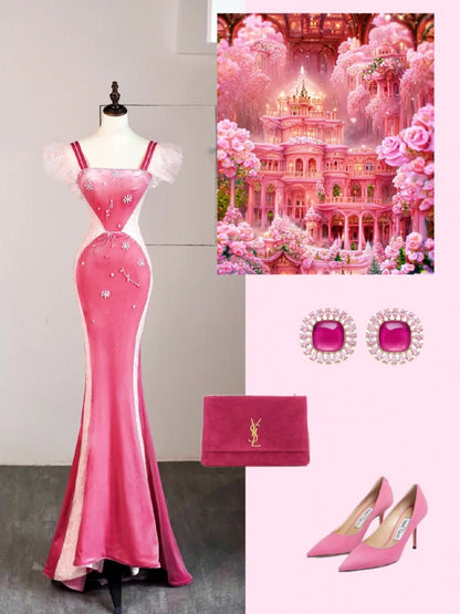 Classy Mermaid Square Pink Velvet Sleeveless Senior Prom dresses High School Long Formal Dress N1277