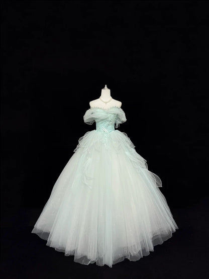 Tulle Prom Dress Long Floor Length Ball Gown Off Shoulder Mint Green With Sleeves Formal Evening Gown For Women RC0276