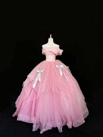 Tulle Prom Dress Long Floor Length Ball Gown Off Shoulder Pink With Sleeves Formal Evening Gown For Women RC0272