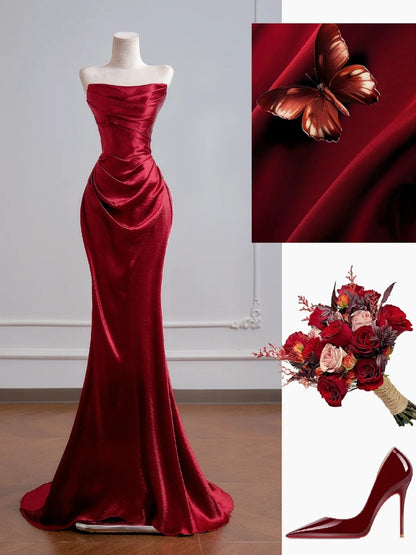 Romantic Mermaid Strapless Red Satin Long Prom Dresses Impress 18th Birthday Outfits Party Gown N392