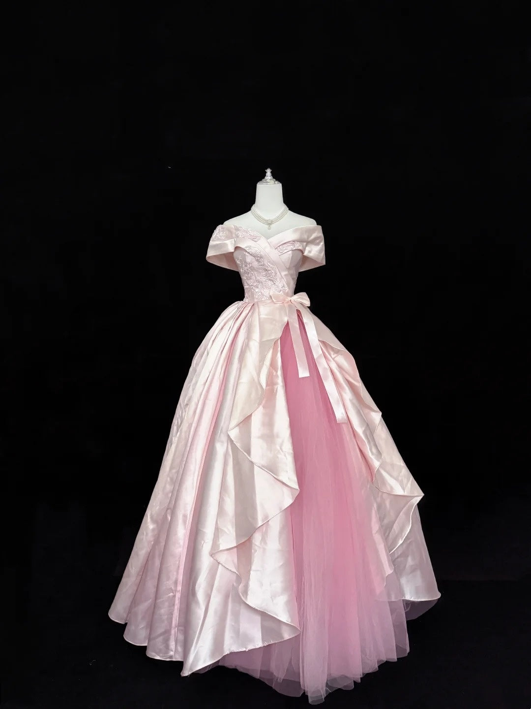 Tulle Prom Dress Long Floor Length Ball Gown Off Shoulder Pink With Bow-knot Lace Formal Evening Gown For Women RC0255