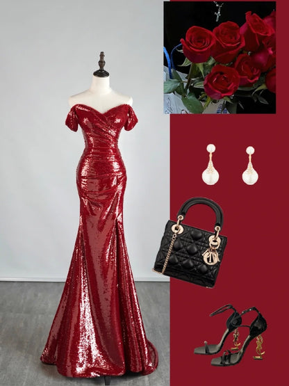 Gorgeous Burgundy Off The shoulder Mermaid Sequin With Short Sleeves Formal Evening Dress Gowns Prom Dresses N691