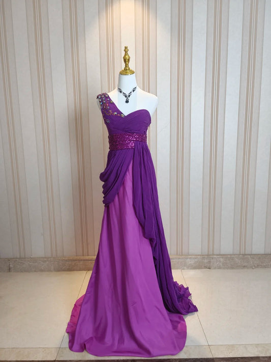 Vintage Prom Dresses Mermaid One Shoulder Grape Chiffon 80s With Beading Long Formal Evening Outfits N4223