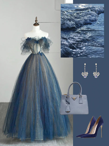 Modest Ball Gown Off The Shoulder Blue Tulle College Formal Sweet 16 Outfit Long Prom Dresses For Teens N1173