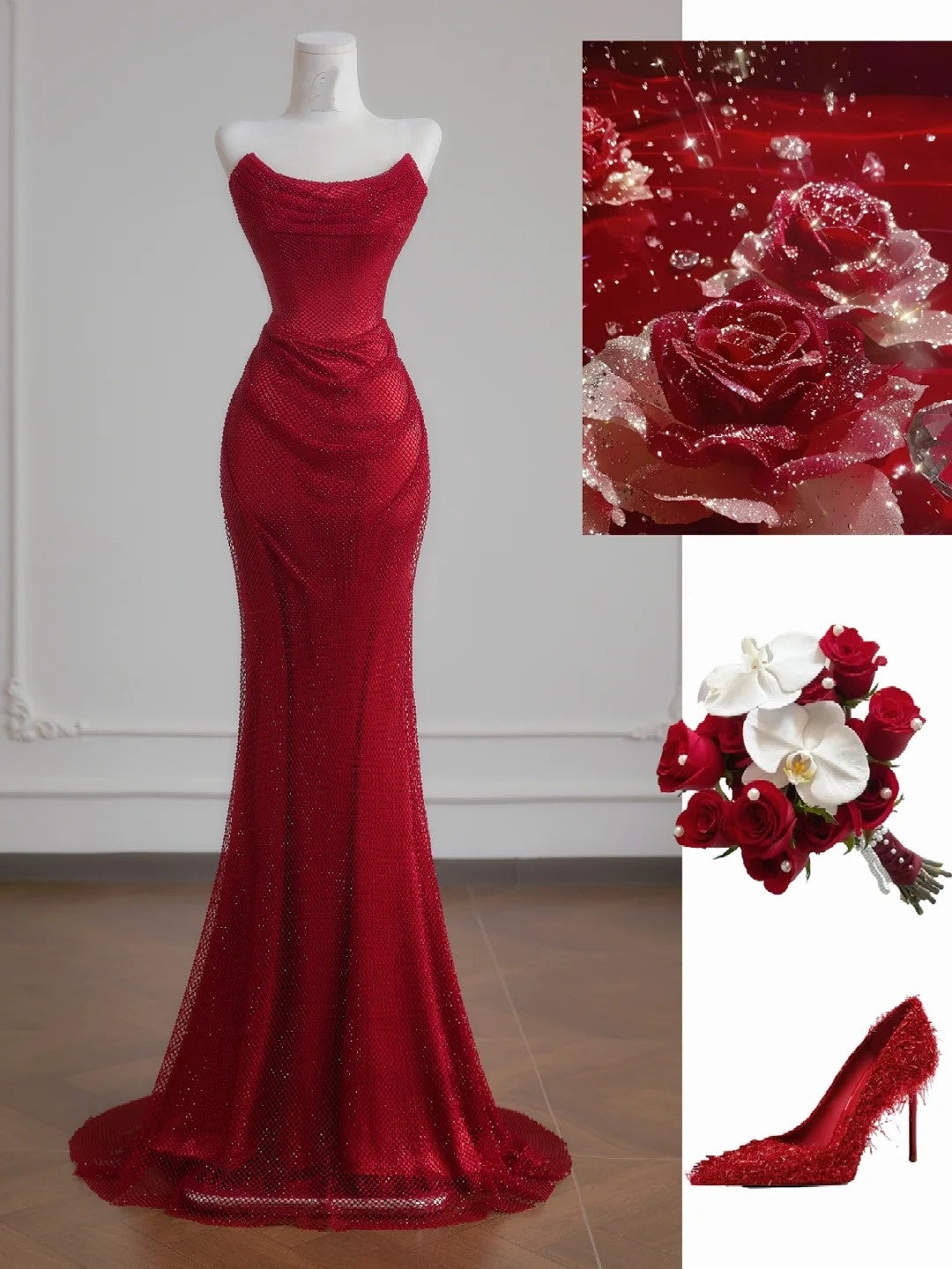 Sparkly Mermaid Sweetheart Red Sequined Formal Evening Dress Gowns Long Prom Dresses N728