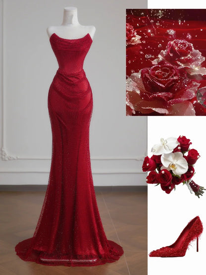 Sparkly Mermaid Sweetheart Red Sequined Formal Evening Dress Gowns Long Prom Dresses N728