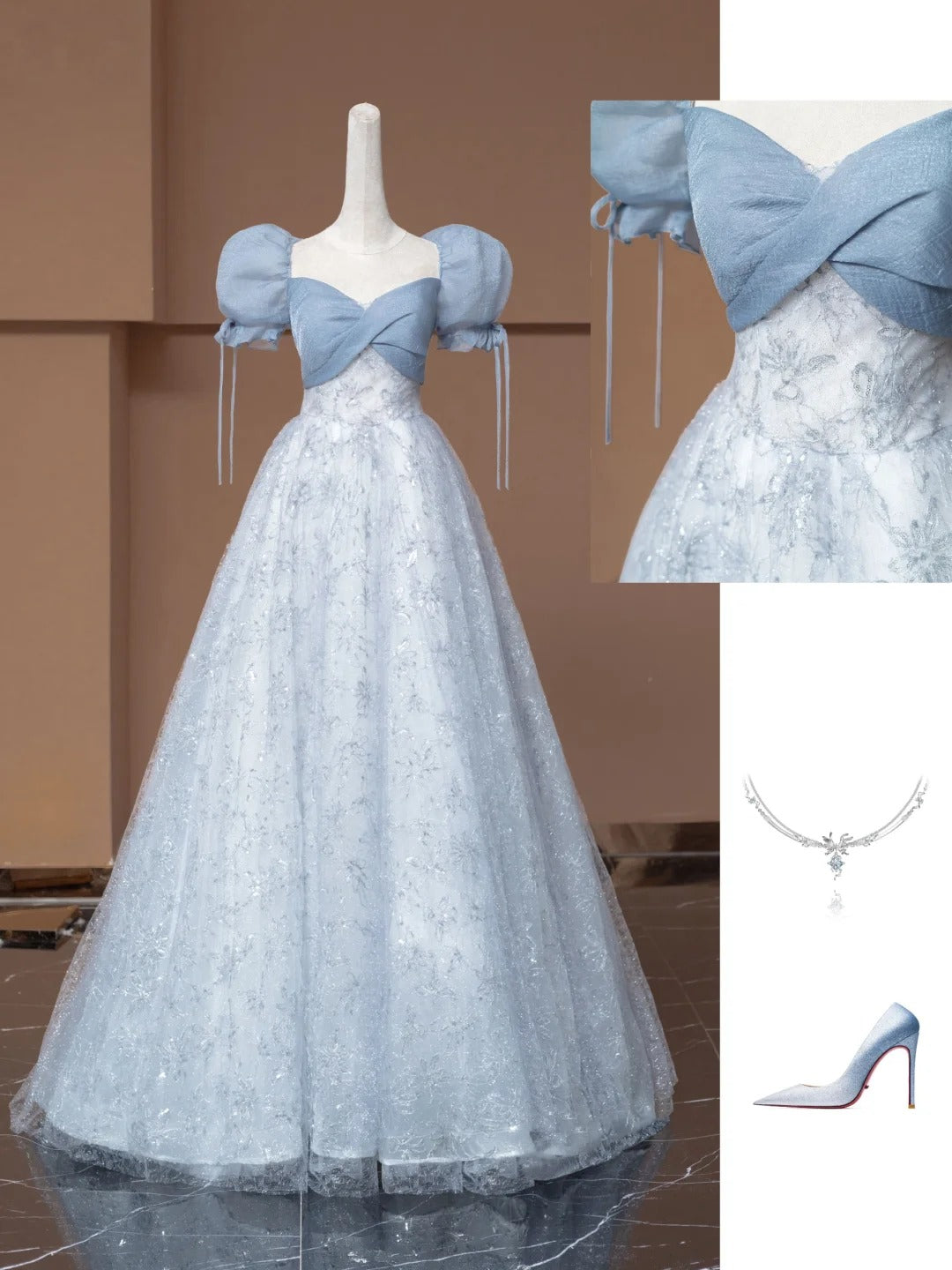 Fairytale Ball Gown Sweetheart With Puffy Sleeves Blue Tulle Long Formal Evening Dress Formal Birthday Gowns Prom Dresses N730