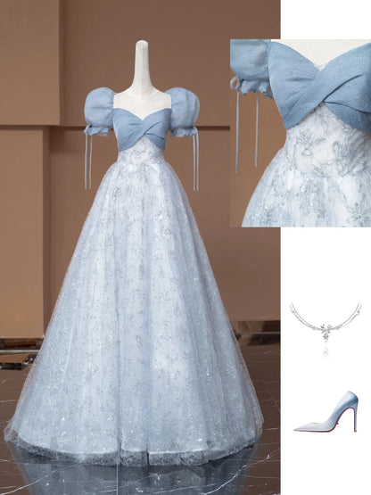 Fairytale Ball Gown Sweetheart With Puffy Sleeves Blue Tulle Long Formal Evening Dress Formal Birthday Gowns Prom Dresses N730